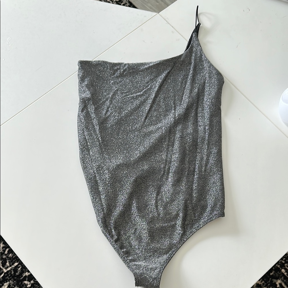 EXPRESS Silver One-Shoulder Body-suit medium